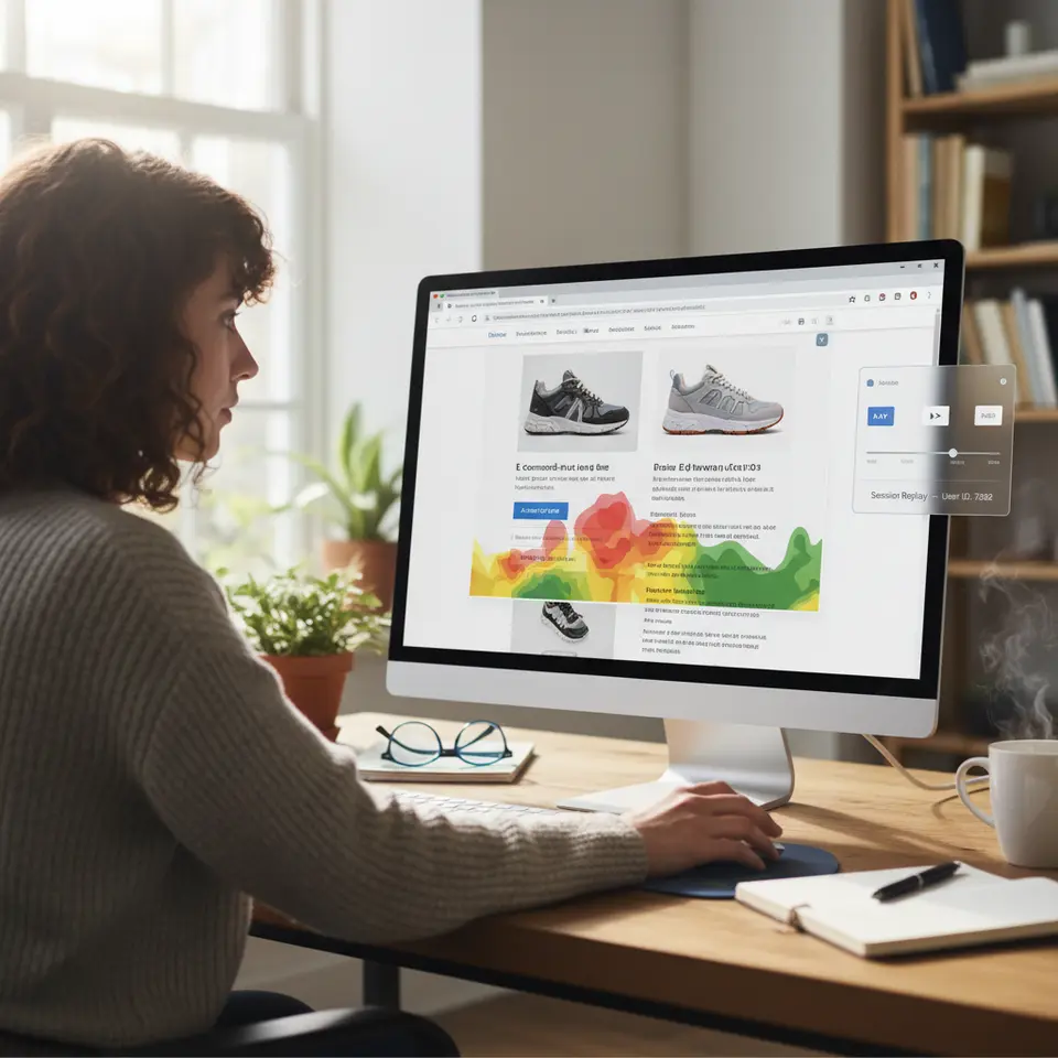 Session Replay & Heatmapping: A web browser window displaying an e-commerce product page overlaid with a vibrant heatmap (red hotspots, yellow mid-zones, green low-zones) showing click density and scroll depth, alongside a floating session-replay control panel that lets you play back user navigation and interactions.