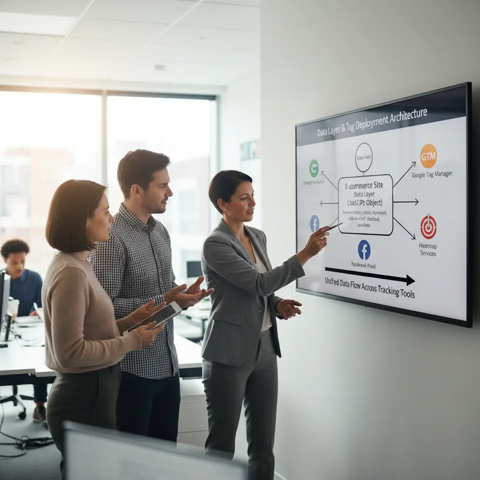Data Layer & Tag Deployment Architecture: A schematic diagram of an e-commerce site’s data layer as a central JavaScript object pushing structured events (product impressions, add-to-cart, checkout) into a hub, with arrows feeding out to icons for Google Analytics, Google Tag Manager, Facebook Pixel, and heatmap services—depicting a unified data flow across tracking tools.