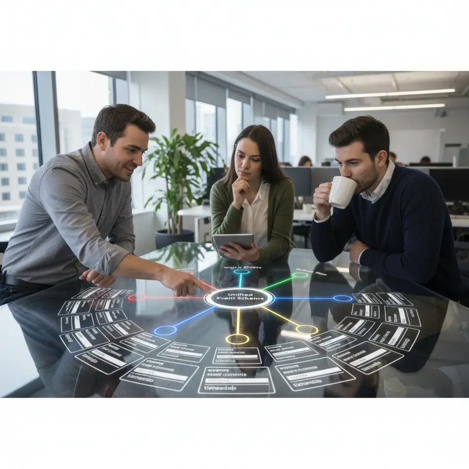 Unified Event Schema: An illustration showing disparate data streams—web clicks, mobile taps, email opens and in-store sales—flowing through color-coded pipes into a single hub. Around that hub, uniform event cards (with identical fields like “event_name,” “user_id,” “timestamp”) emerge, emphasizing standardized attributes across all channels.