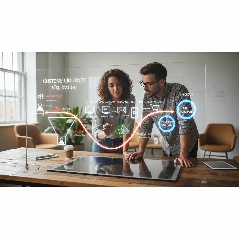 Customer Journey Visualization: A stylized user journey map tracing touchpoints from first ad impression to final purchase. Show a user avatar moving along a curved path with icons for ad click, landing-page visit, email interaction, in-app action and checkout. Annotate key drop-off points, decision nodes and conversion milestones for a holistic view of the funnel.